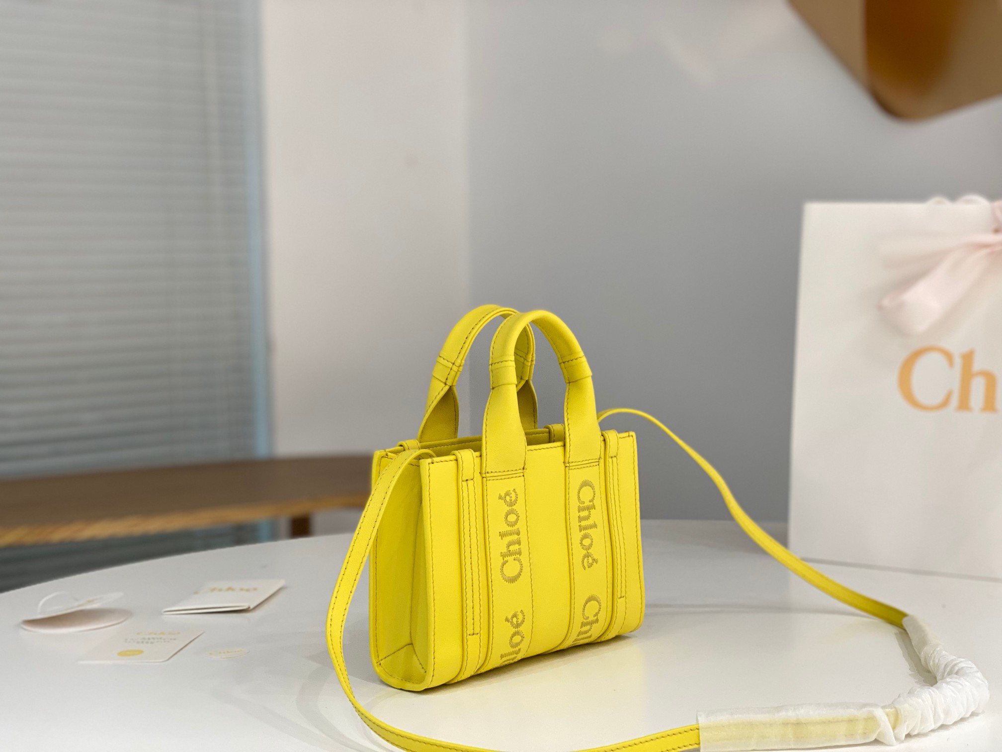 Chloe Mini Woody Tote Bag In Yellow Soft Smooth Calfskin Leather